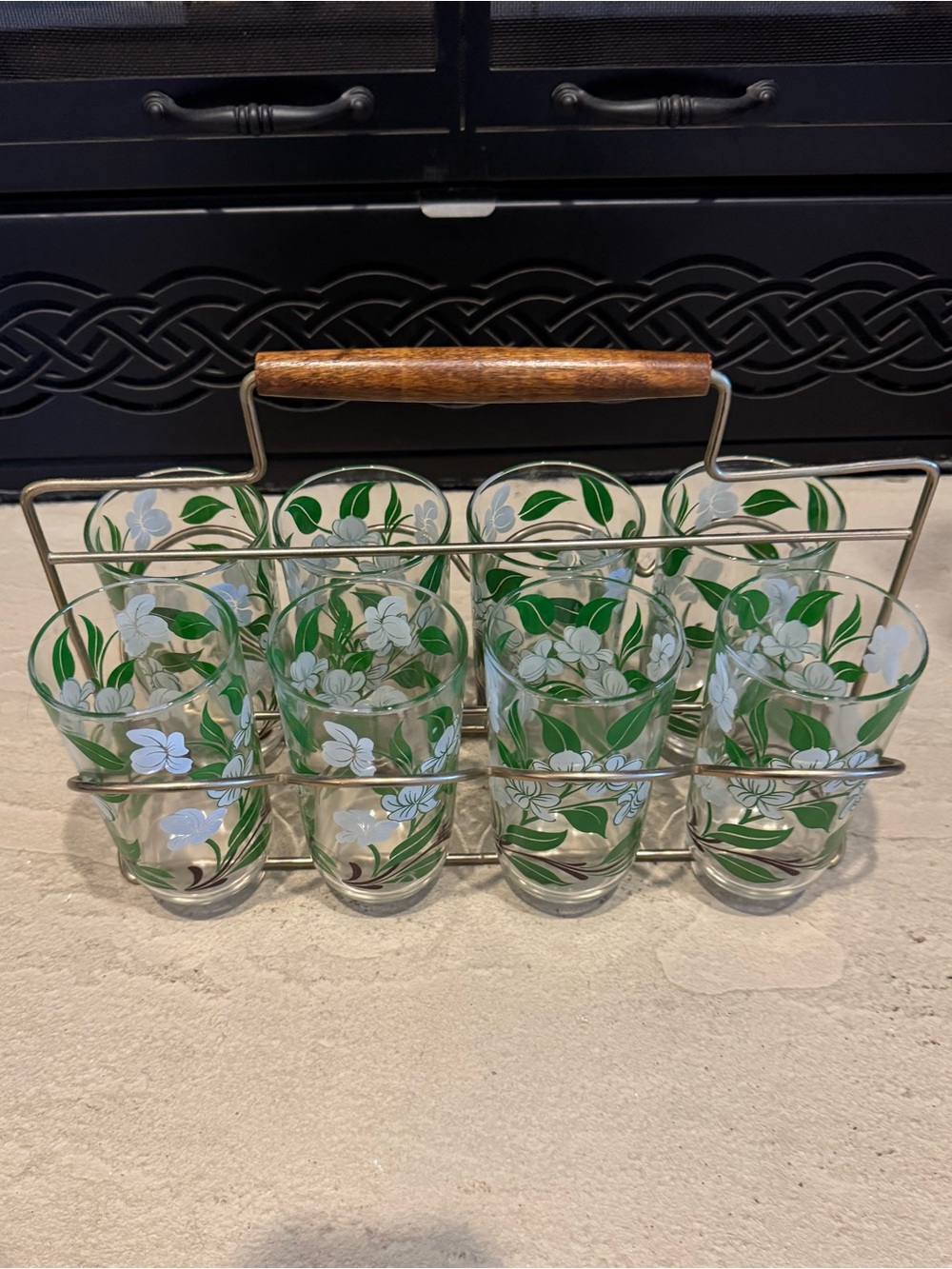 Vintage MCM Set of 8 Floral Drinking Glasses with Metal Carrier Wood Handle
